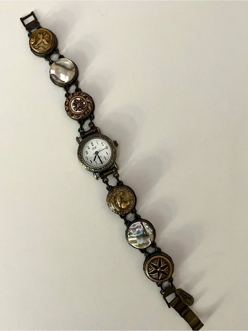 Vtg Grandmother's Buttons Antique Brass Mother of Pearl Link Watch Signed